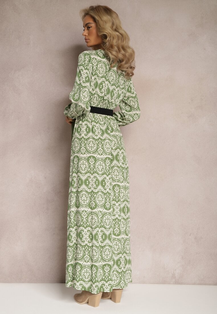 Zielona Sukienka Maxi z Gumką w Pasie i Kopertowym Dekoltem Koais