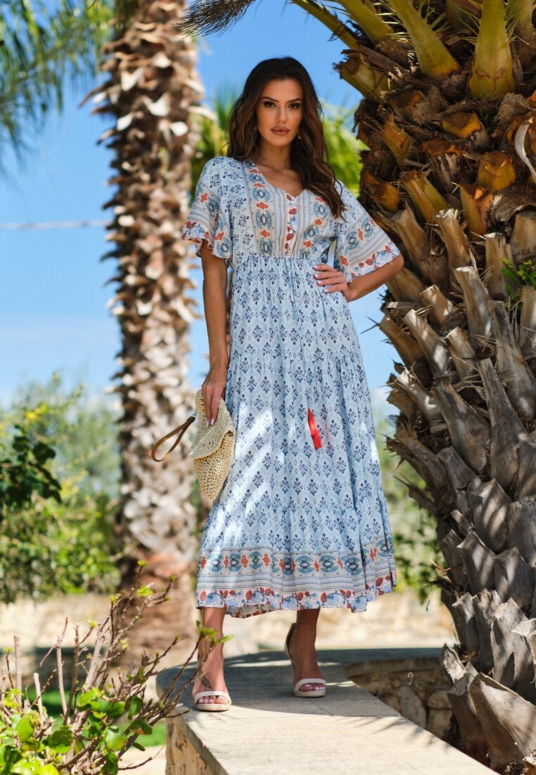 Jasnoniebieska Sukienka Maxi z Krótkim Rękawem i Gumką w Talii Emaya