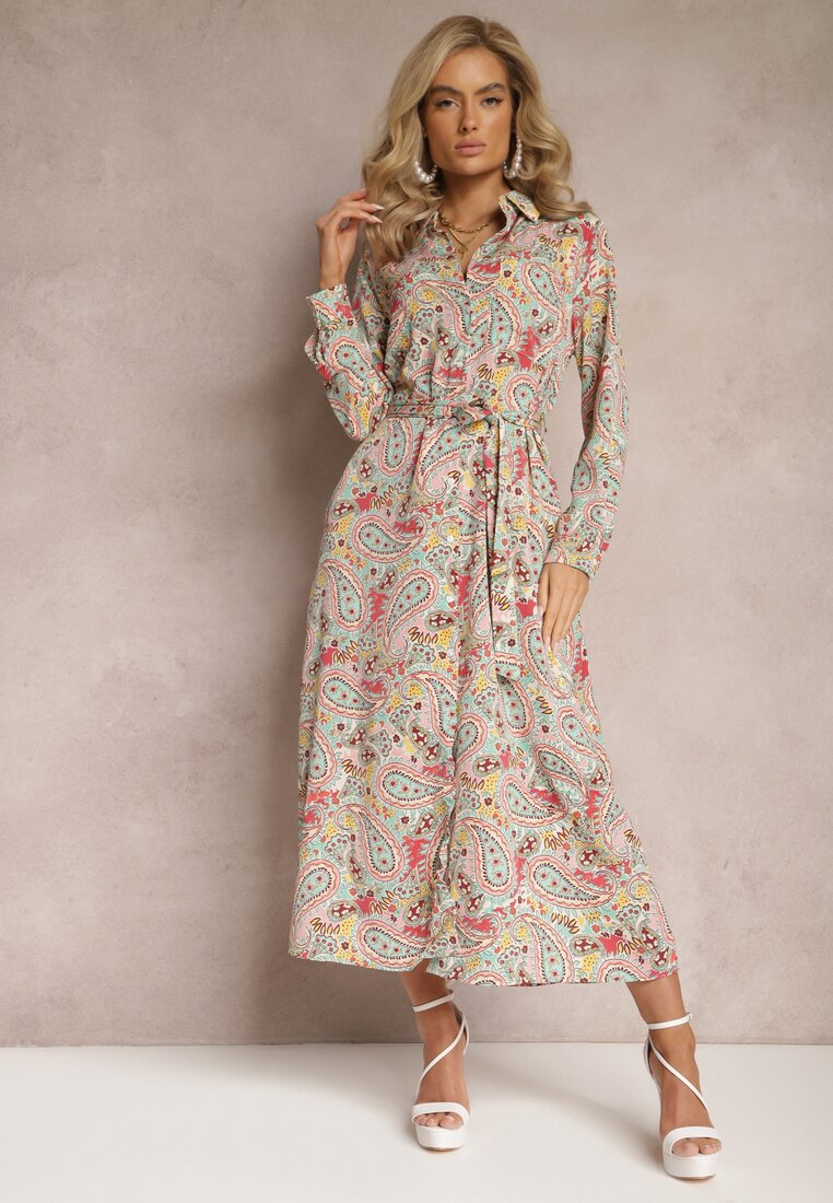 Rochie Cămașă Maxi Roz-Mintă cu Buzunare și Nasturi Merra