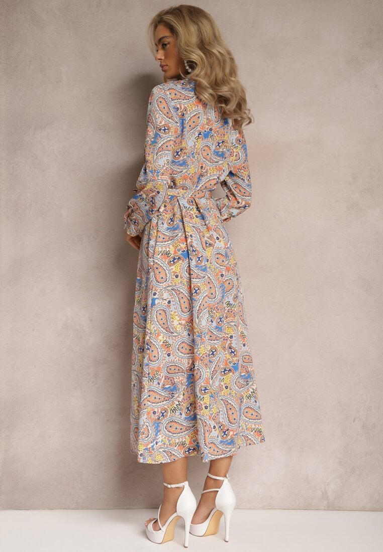 Rochie Cămașă Maxi Portocaliu-Bleumarin cu Buzunare și Nasturi Merra