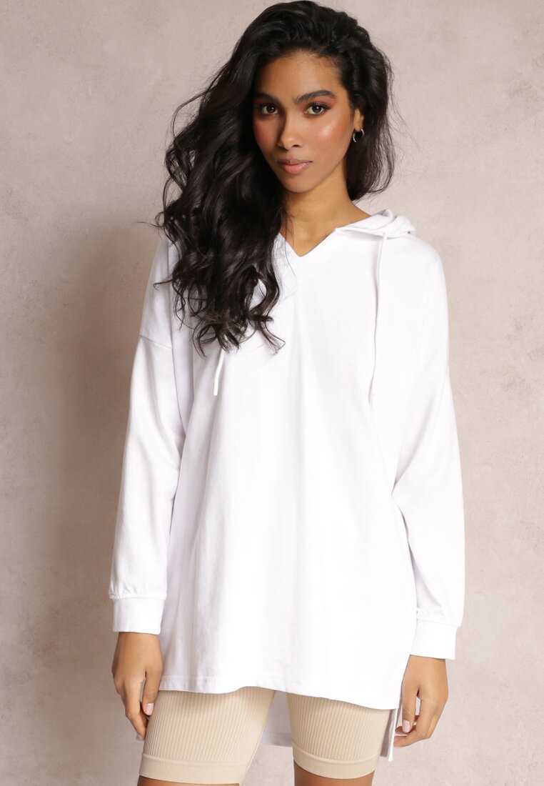 Biała Asymetryczna Bluza z Kapturem Oversize Kavita