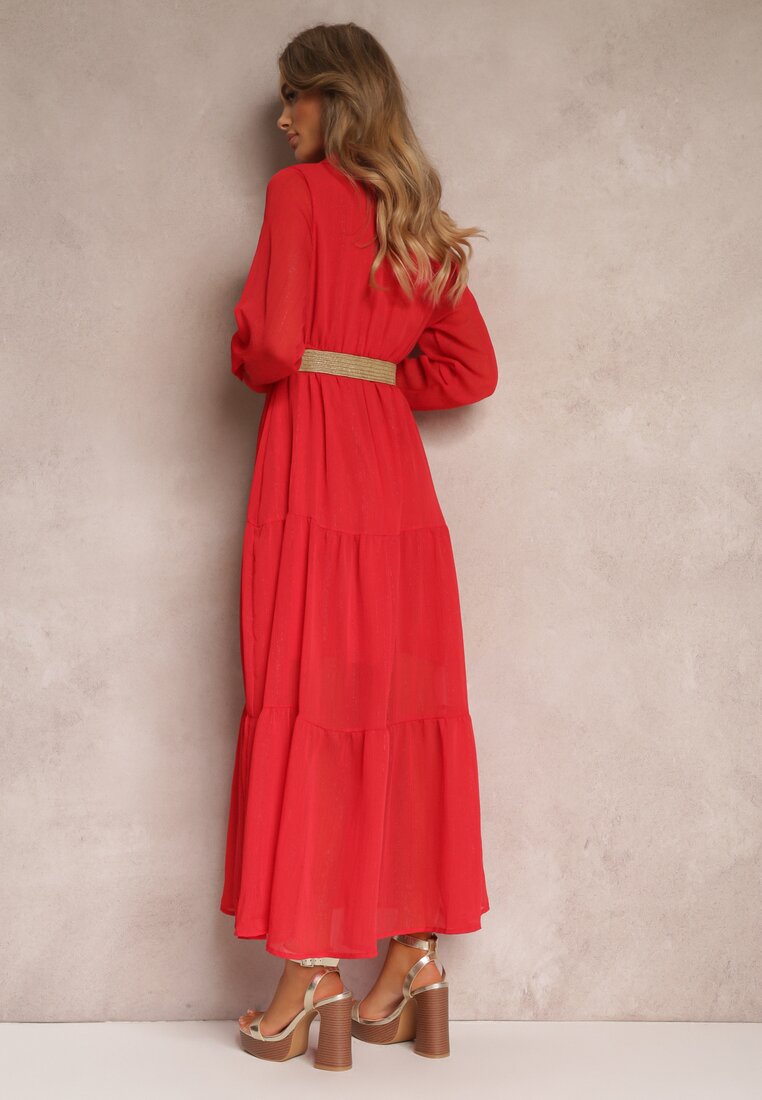 Czerwona Sukienka z Kopertowym Dekoltem i Plecionym Paskiem Velo