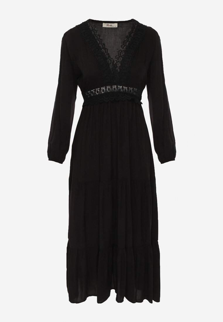 Rochie Neagră Cloș cu Volan și Dantelă Kiaya