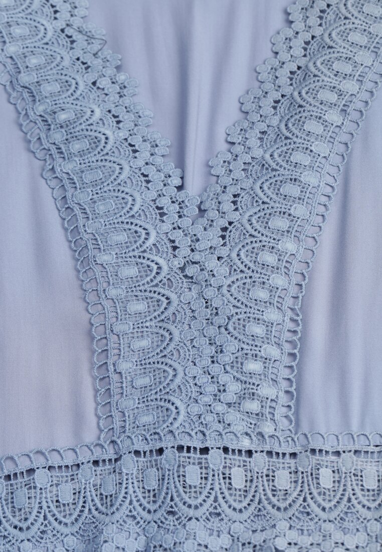 Rochie Albastră Cloș cu Volan și Dantelă Kiaya