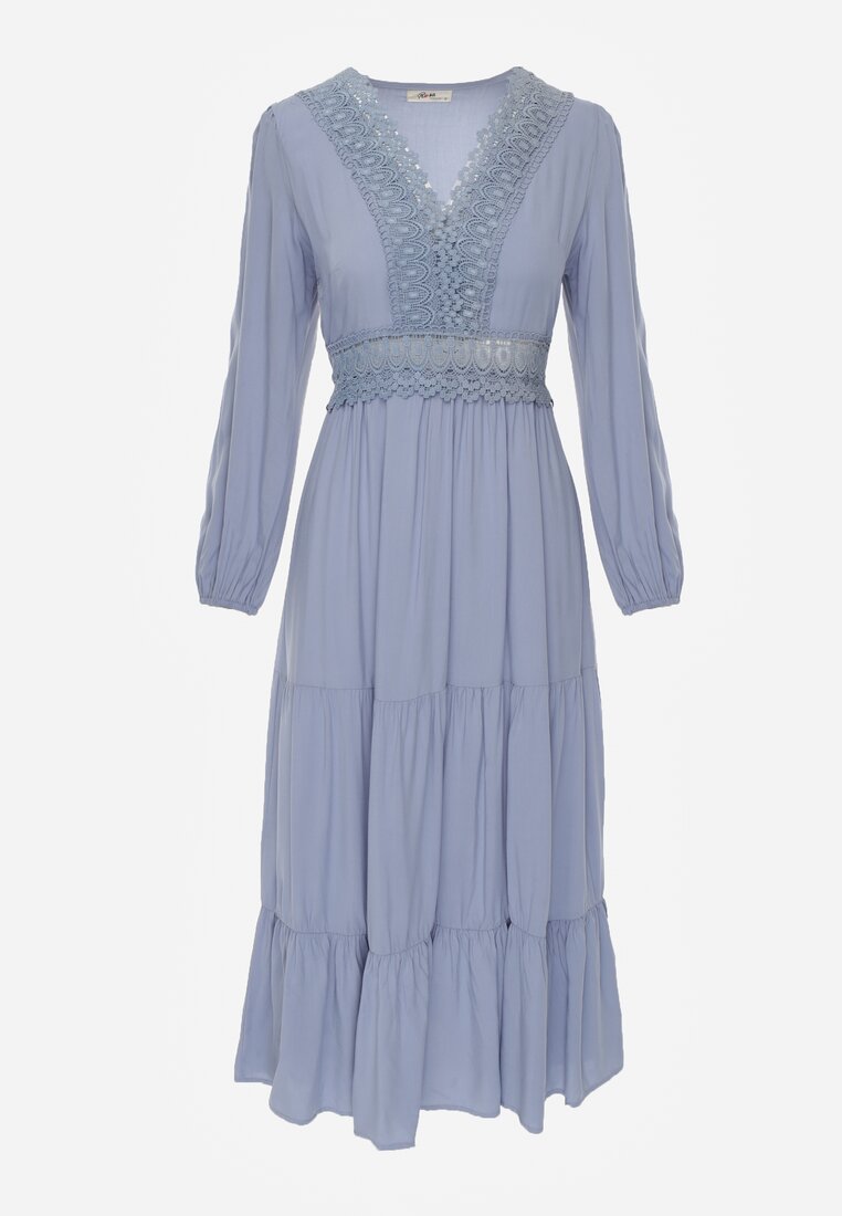 Rochie Albastră Cloș cu Volan și Dantelă Kiaya