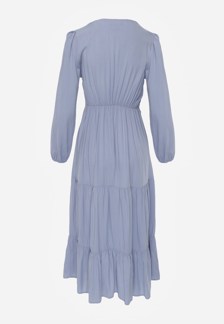 Rochie Albastră Cloș cu Volan și Dantelă Kiaya