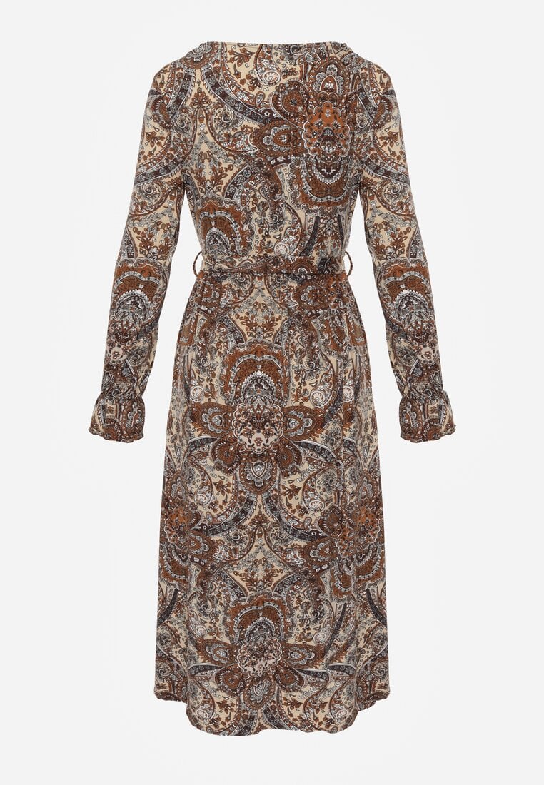 Rochie Midi Maro-Bej cu Imprimeu Paisley și Elastic în Talie Alynthe