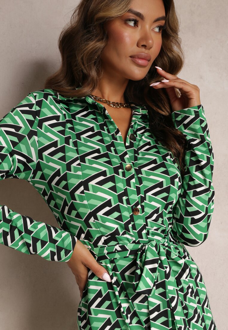 Zielona Koszulowa Sukienka Maxi z Geometrycznym Wzorem i Paskiem Axelena