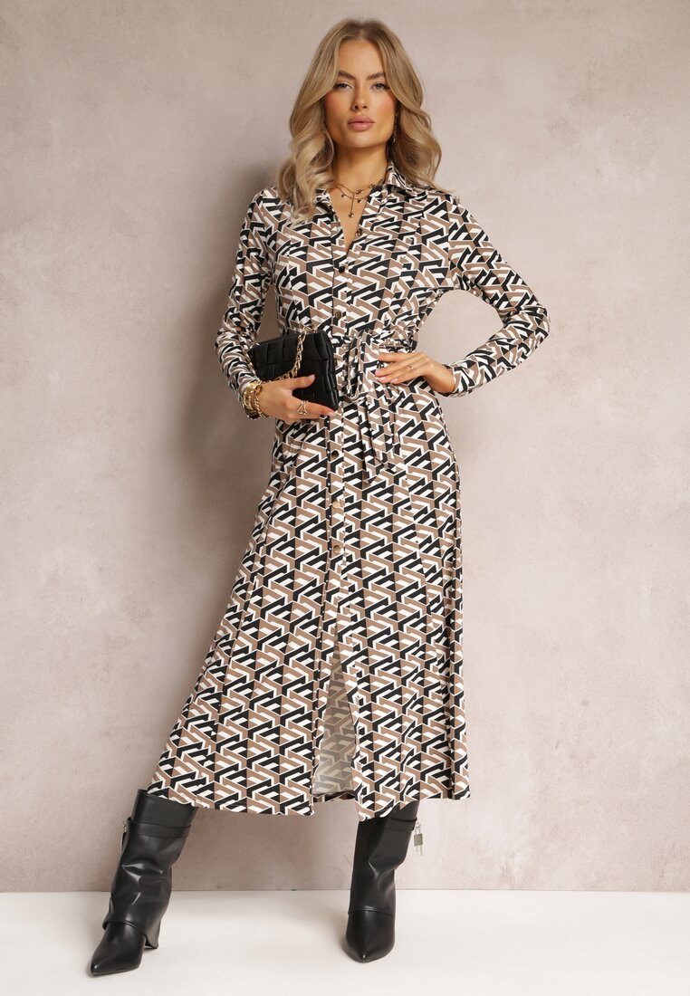 Ciemnobeżowa Koszulowa Sukienka Maxi z Geometrycznym Wzorem i Paskiem Axelena