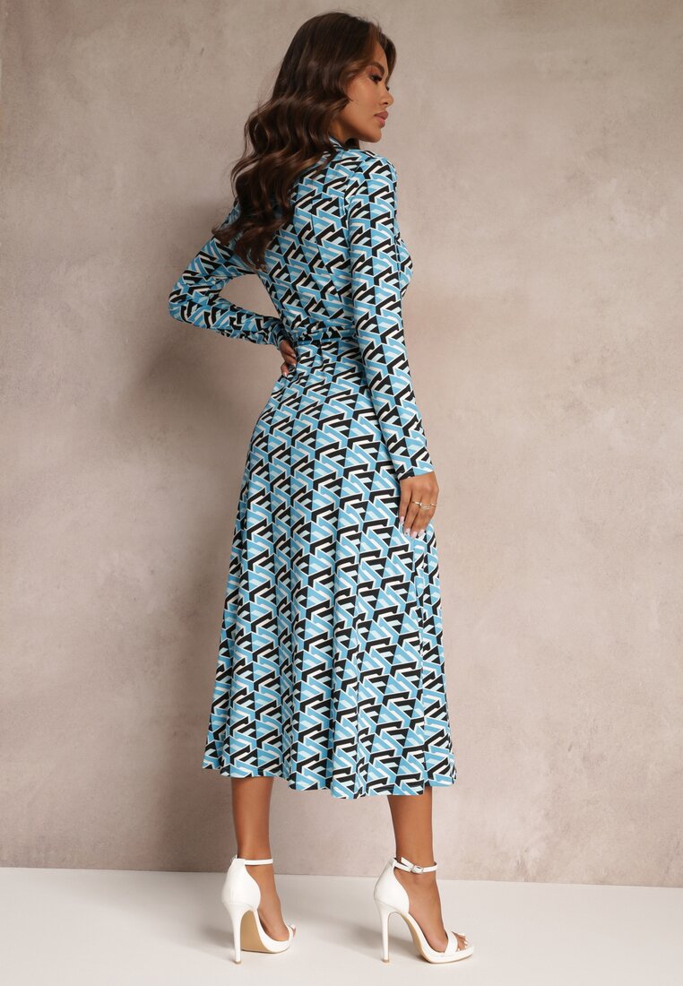 Niebieska Koszulowa Sukienka Maxi z Geometrycznym Wzorem i Paskiem Axelena