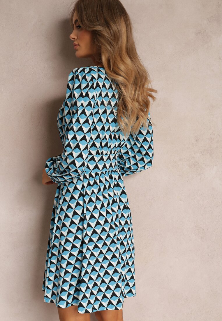 Niebieska Sukienka Mini w Geometryczny Wzór z Długim Rękawem Ezrie