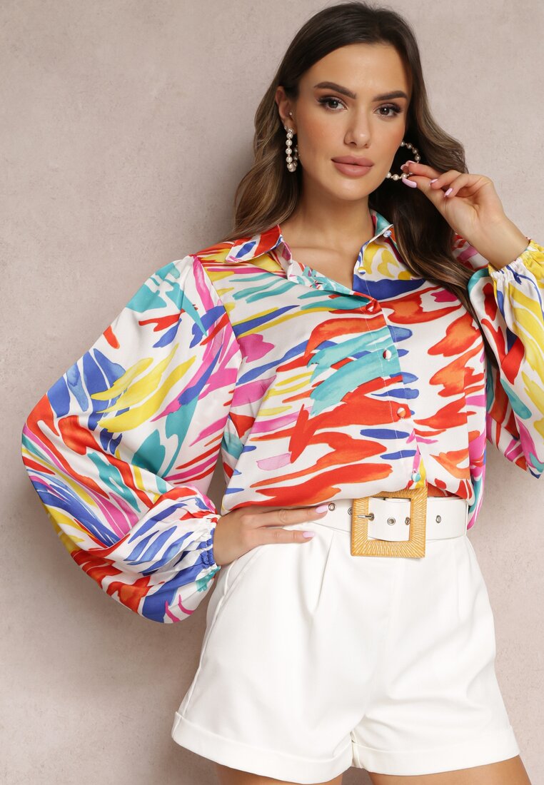 Cămașă Alb-Roșie cu Model Colorat cu Manșete Elastice Taylea