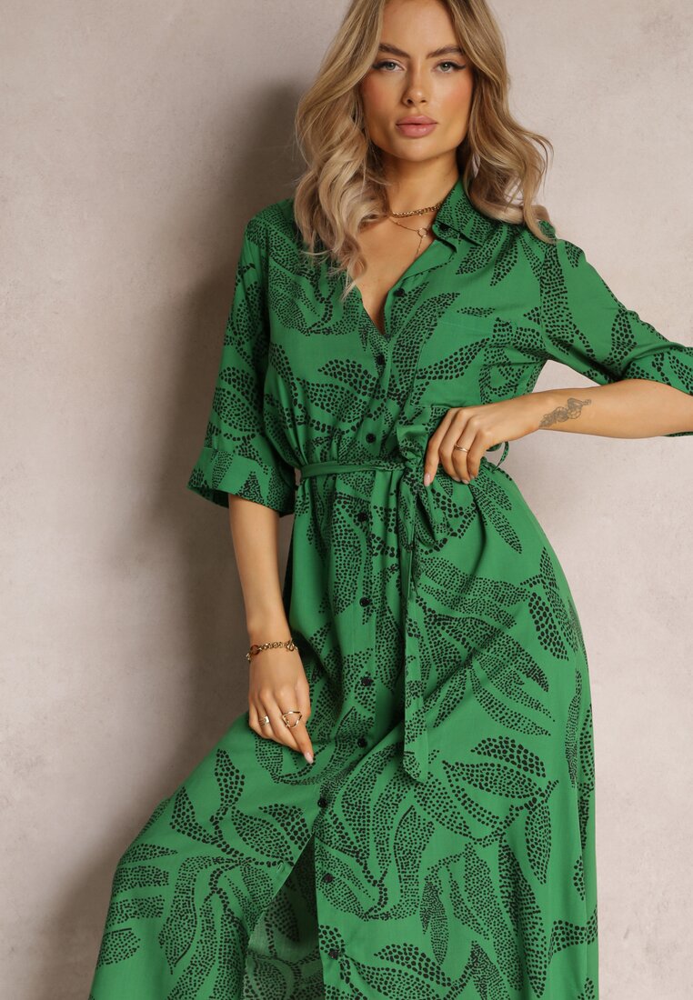 Zielona Koszulowa Sukienka z Wiskozy w Roślinny Wzór Eudodia