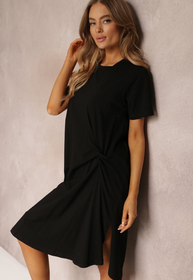 Czarna Sukienka T-shirtowa Oversize z Rozcięciem Diasima