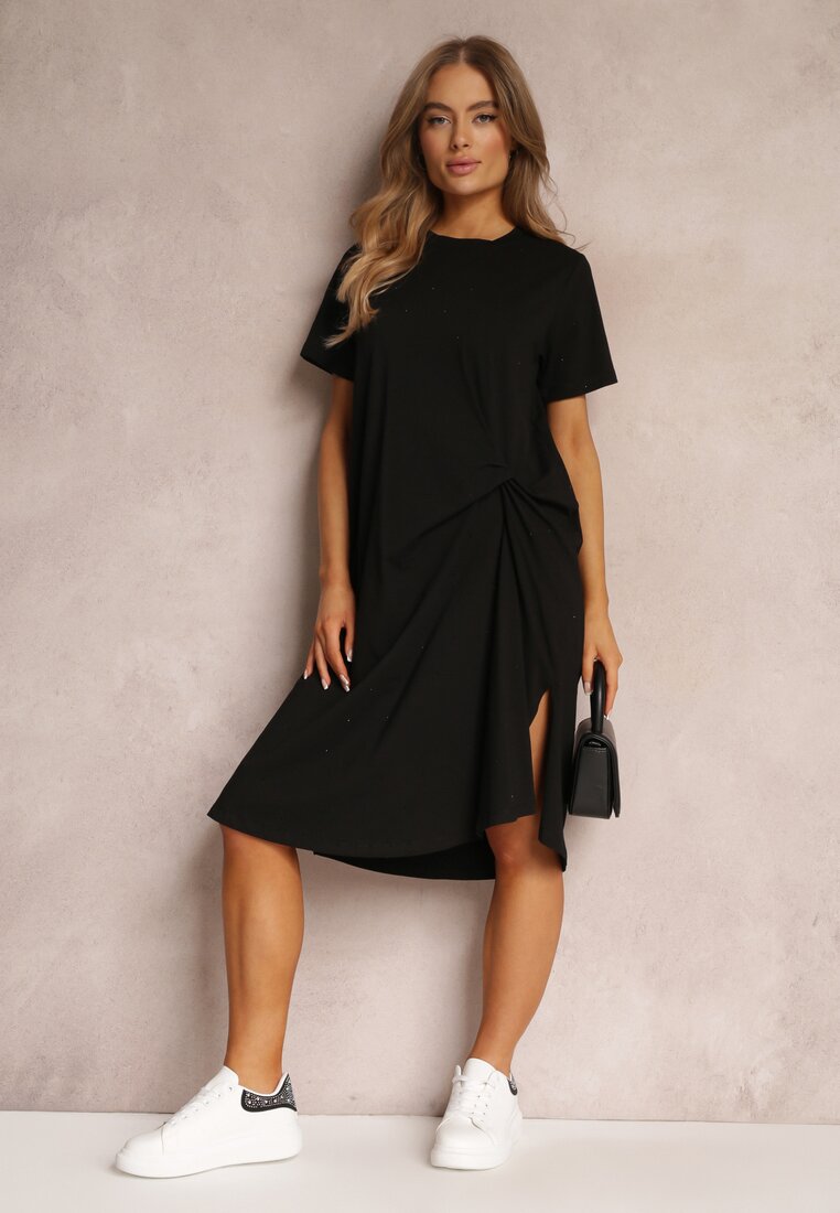 Czarna Sukienka T-shirtowa Oversize z Rozcięciem Diasima