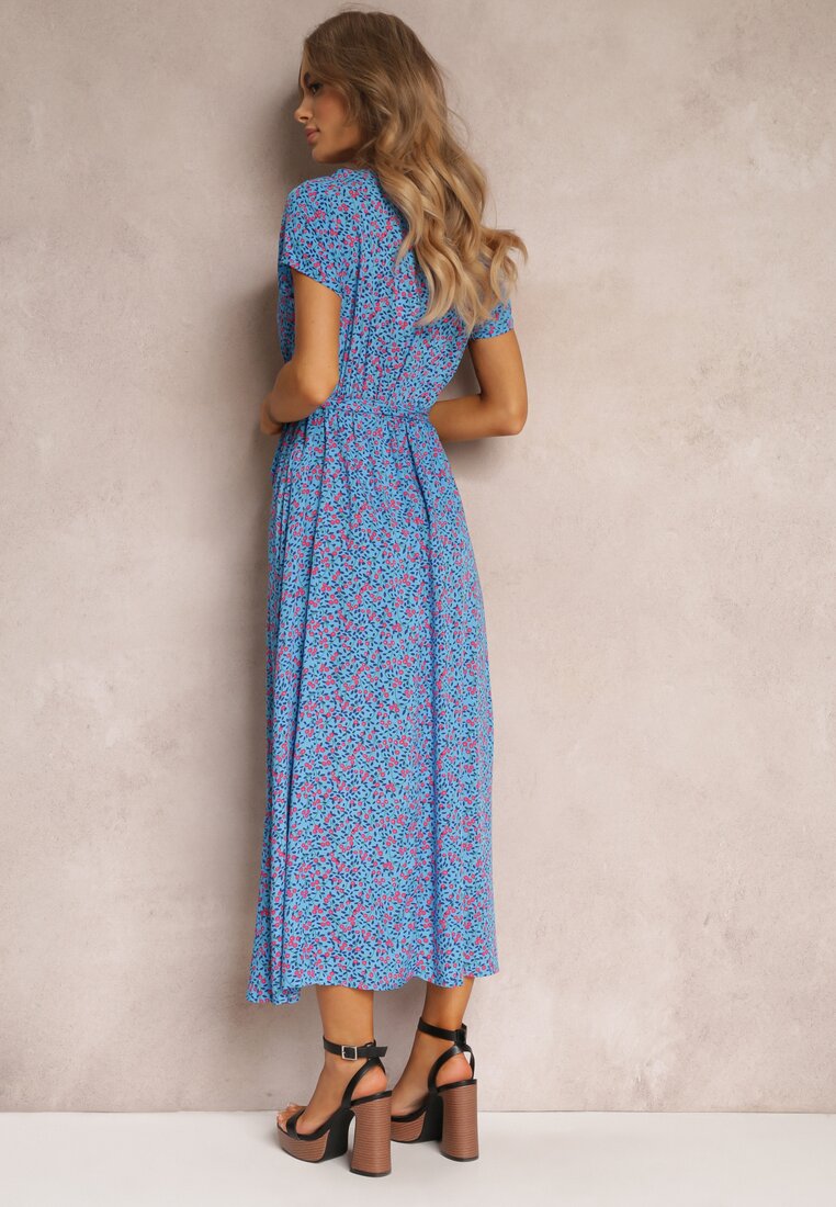 Niebieska Sukienka z Wiskozy z Gumką i Wiązaniem w Pasie Alethy