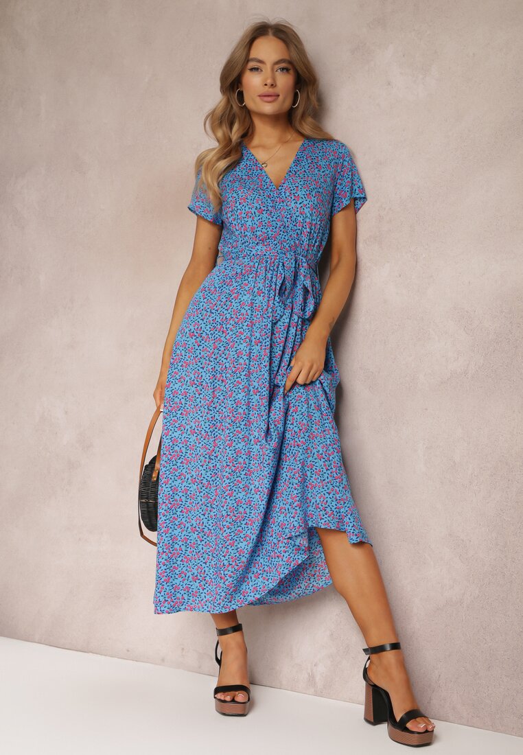 Niebieska Sukienka z Wiskozy z Gumką i Wiązaniem w Pasie Alethy