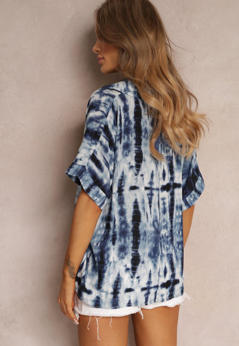 Granatowa Bluzka Oversize z Wiskozy Zdobiona Wzorem Tie-Dye Challine