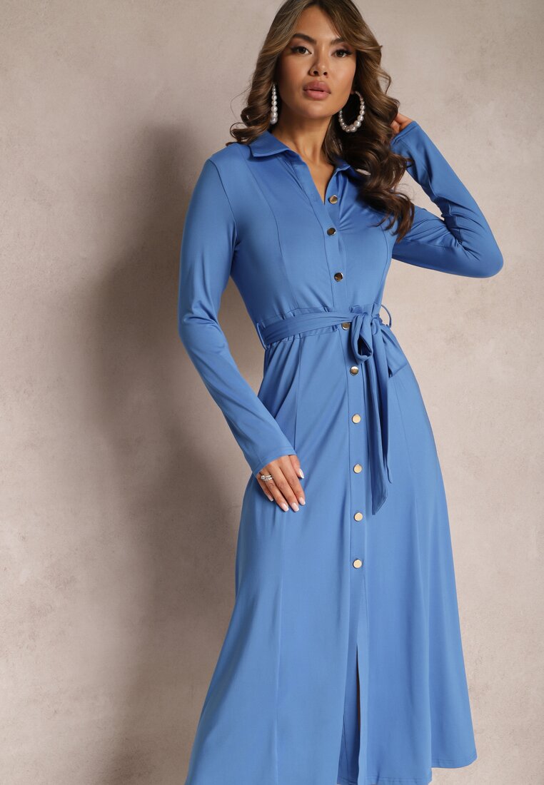 Niebieska Długa Sukienka Koszulowa z Wiązaniem w Talii Levae