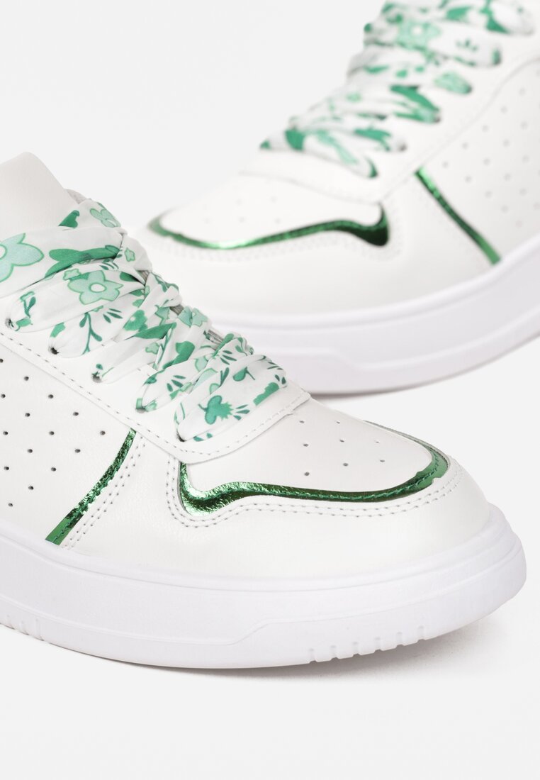 Biało-Zielone Sneakersy z Kolorowymi Sznurówkami i Metalicznymi Wstawkami Lania