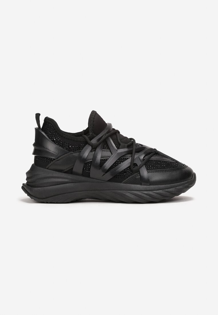 Sneakers Negri cu Pietre Strălucitoare pe Talpă Embosată cu Șiret Elastic Thecia