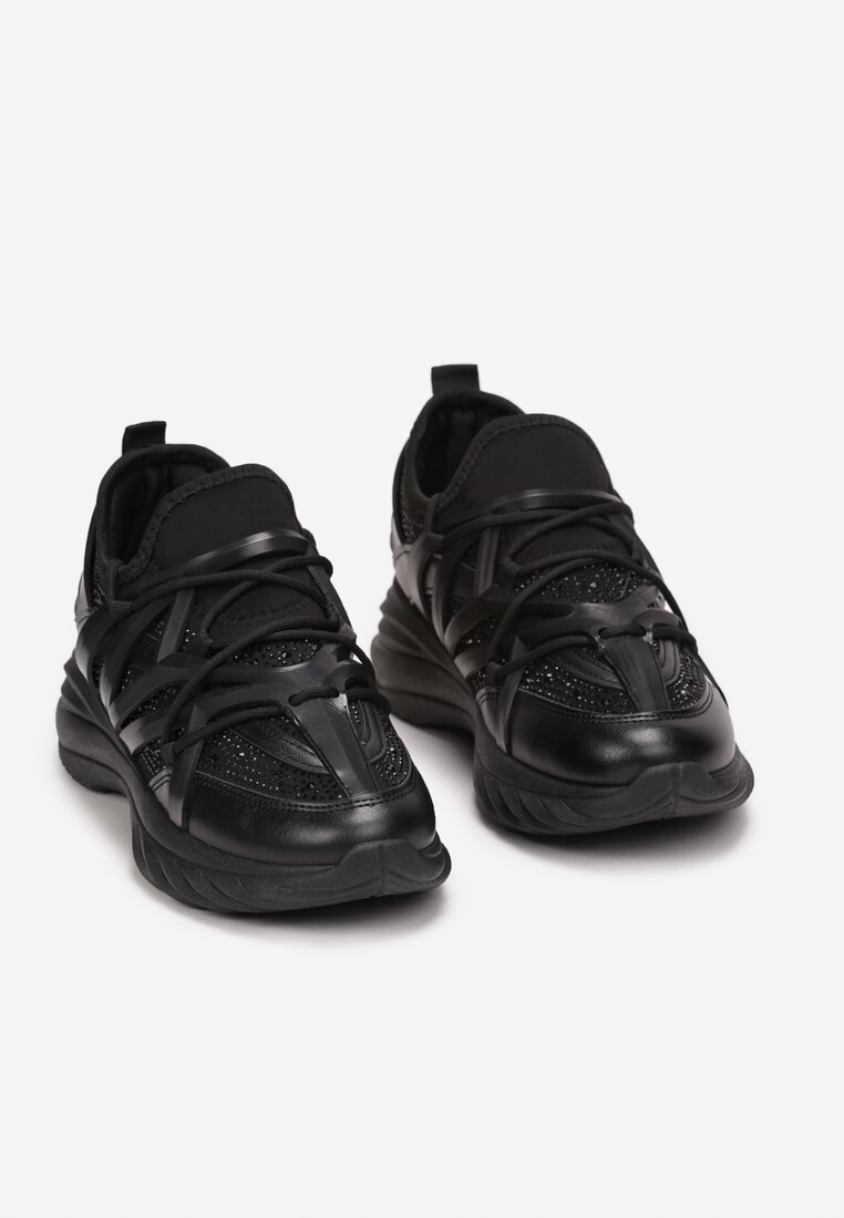 Sneakers Negri cu Pietre Strălucitoare pe Talpă Embosată cu Șiret Elastic Thecia