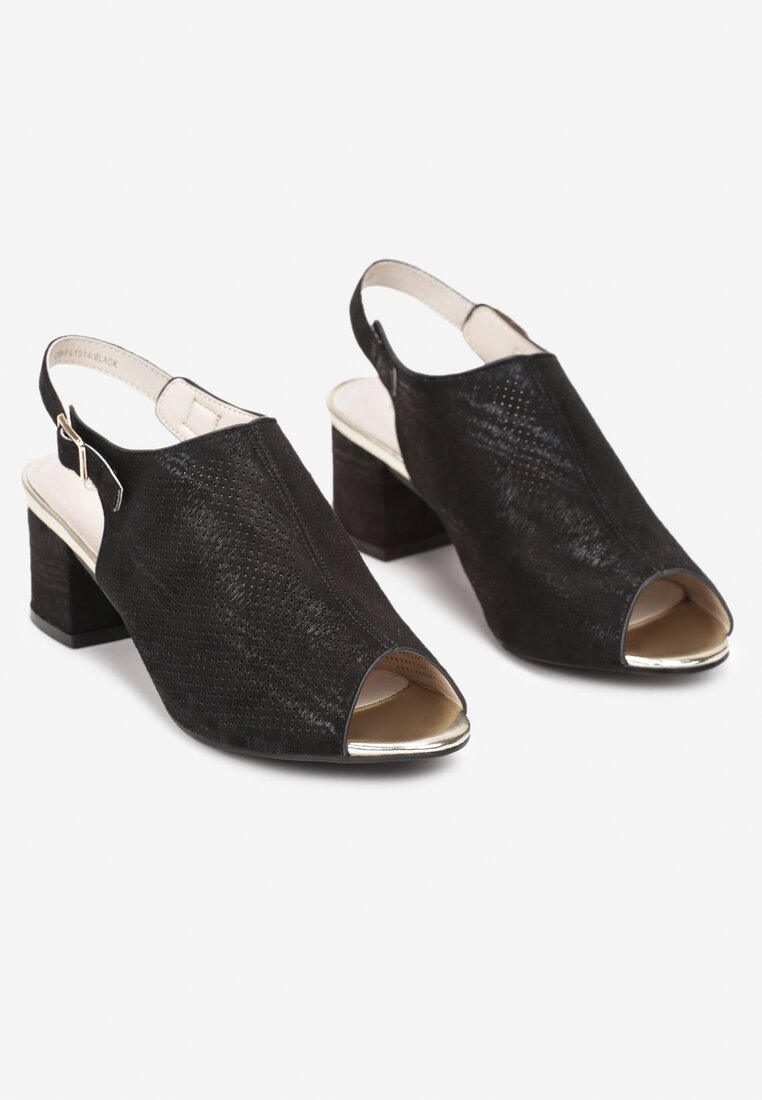 Czarne Sandały ze Skórzaną Wkładką i Cholewką Peep Toe Aremona