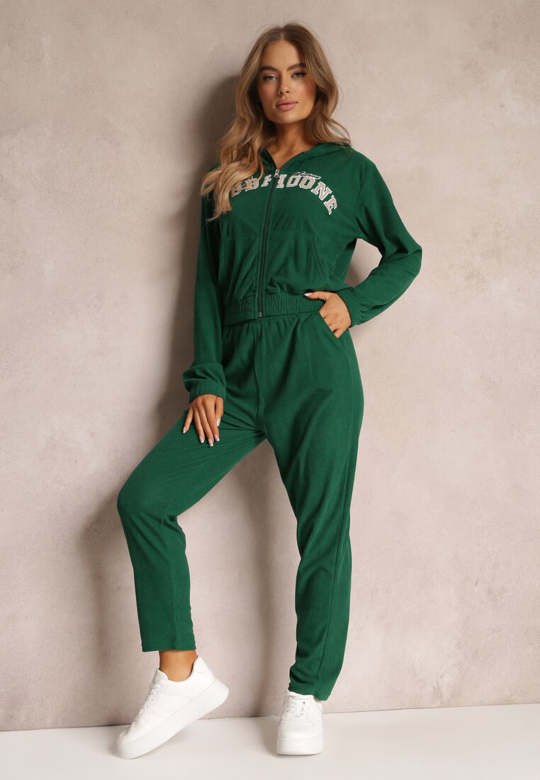 Zielony 2-częściowy Prążkowany Komplet Dresowy z Bluzą i Spodniami Eirso