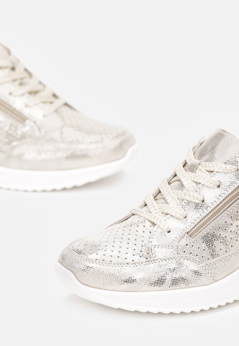 Złote Skórzane Sneakersy na Ozdobnym Koturnie ze Sznurowaniem i Suwakiem Felline