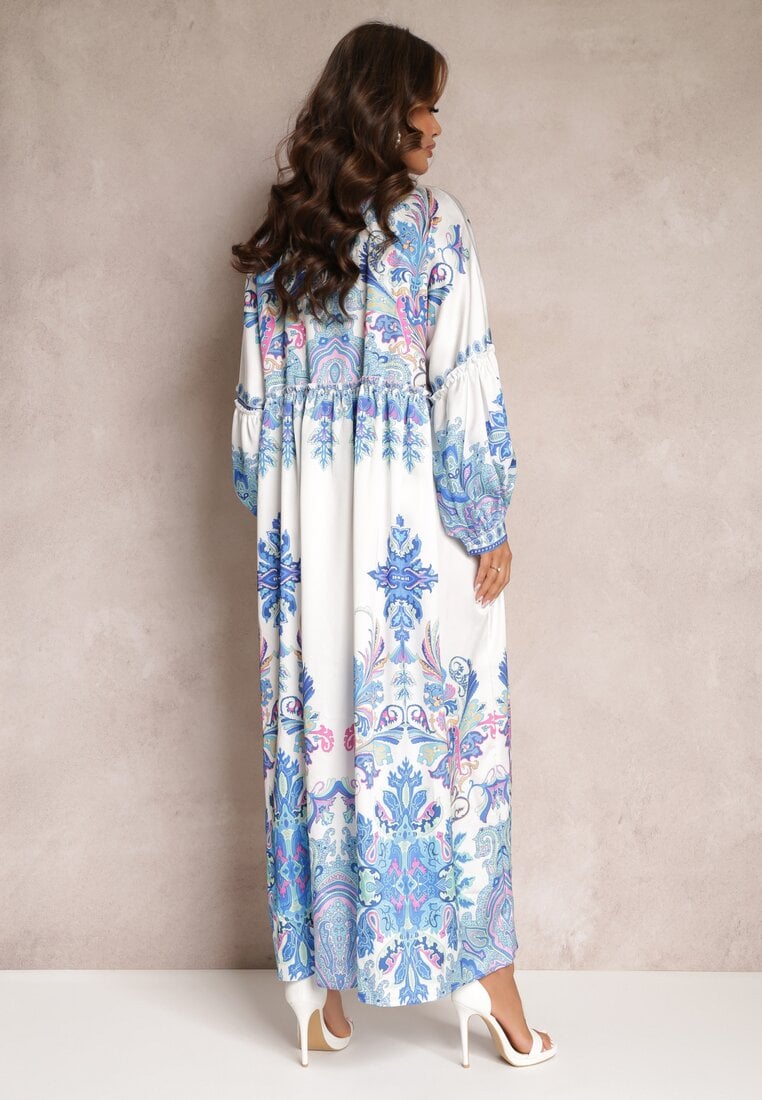 Biało-Niebieska Koszulowa Sukienka Maxi Oversize w Kwiatowy Wzór Amirsa