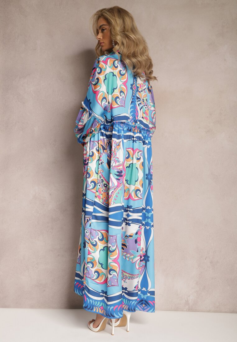Niebieska Sukienka Maxi Oversize w Kolorowy Ornamentalny Wzór Stama