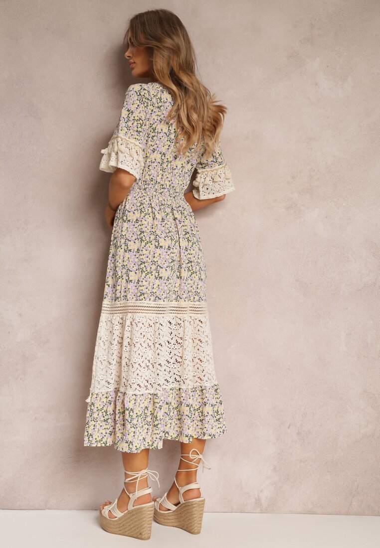 Rochie bej cloș cu dantelă și elastic în talie Ebosine