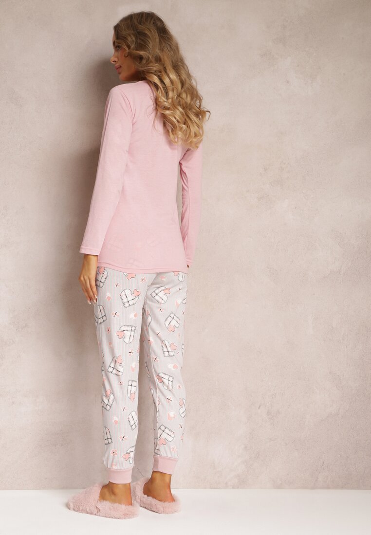 Różowy Komplet Piżamowy z Bluzą z Długim Rękawem i Spodniami z Gumką w Talii Aamiya