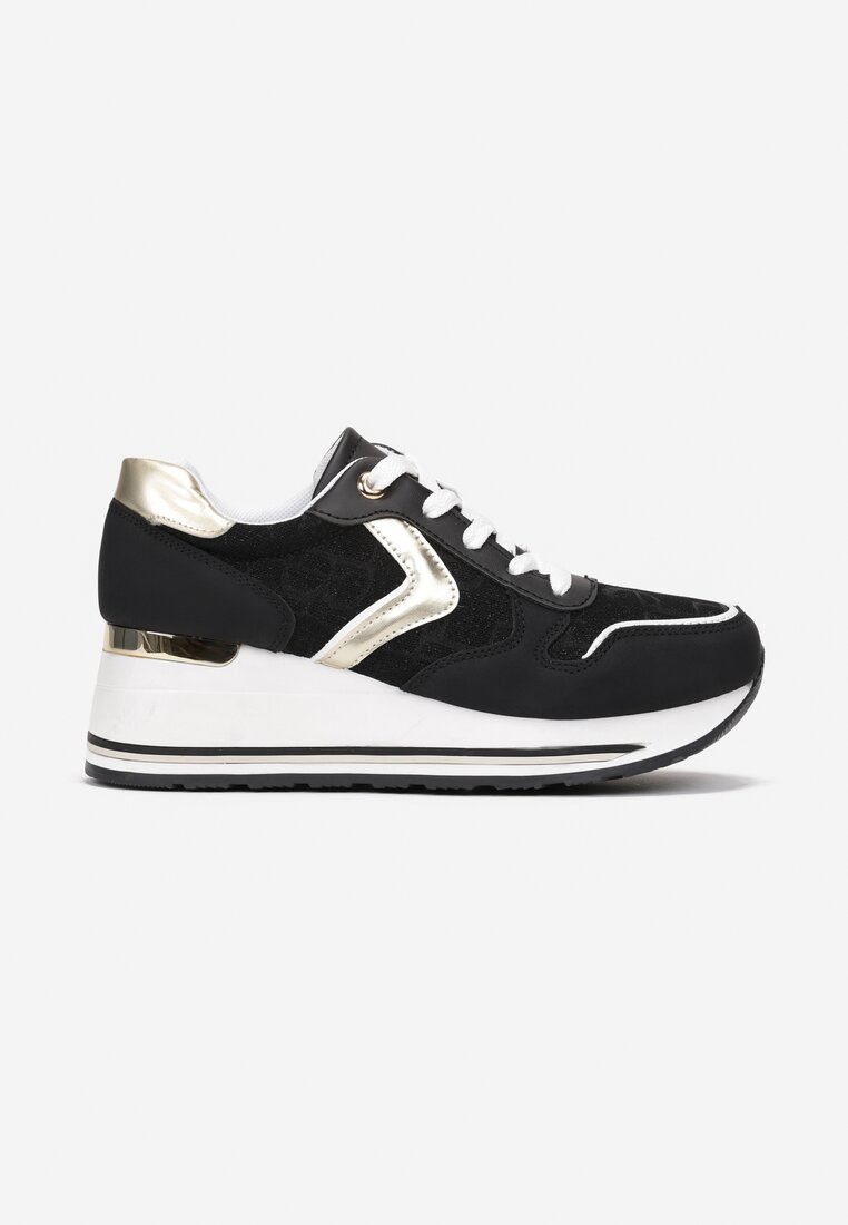 Czarno-Białe Sznurowane Sneakersy na Podeszwie z Koturnem Isies