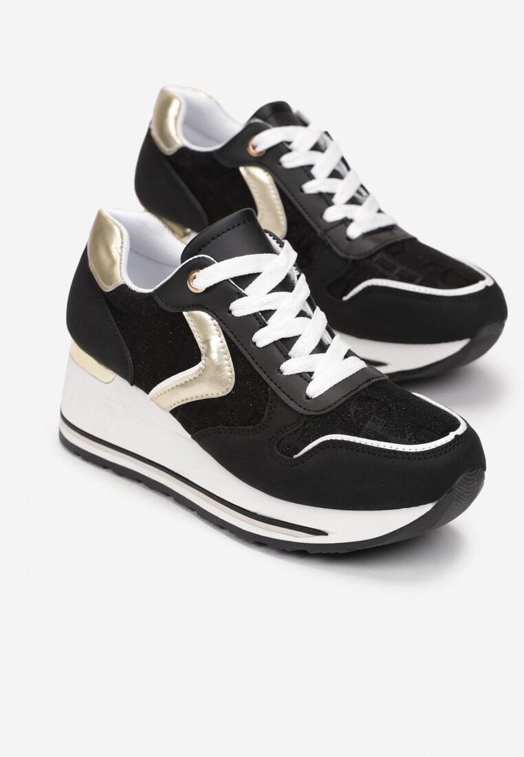 Czarno-Białe Sznurowane Sneakersy na Podeszwie z Koturnem Isies