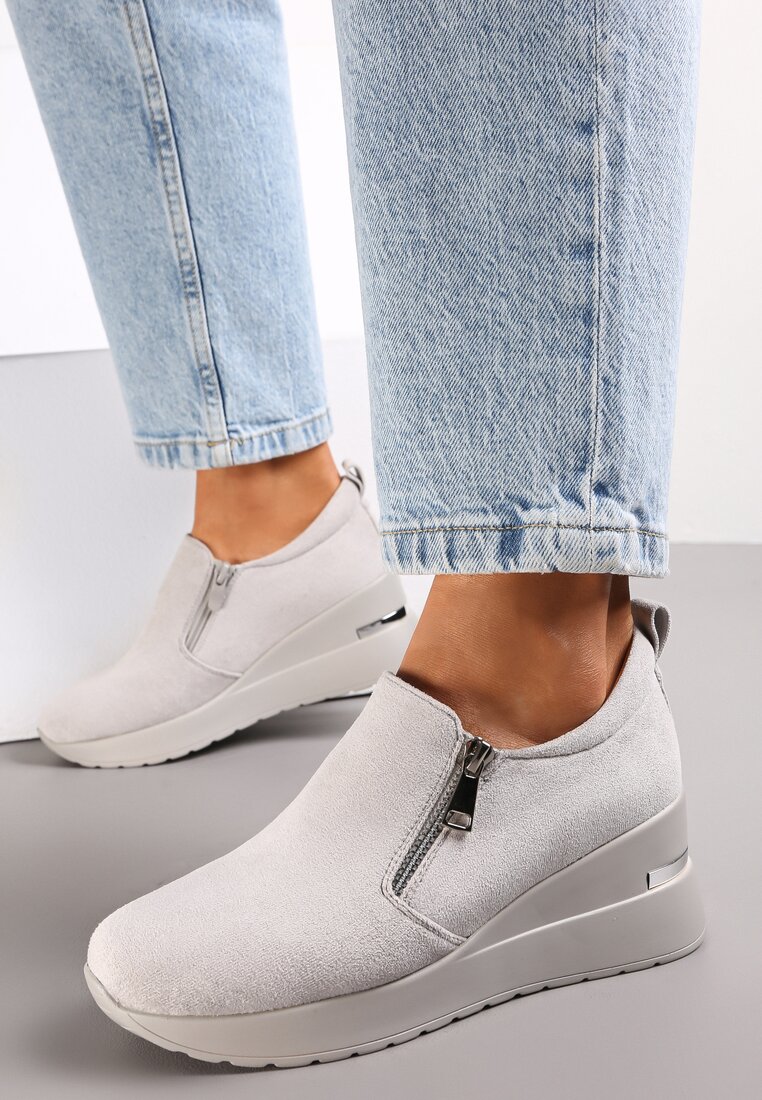 Szare Sneakersy na Koturnie ze Skórzaną Wkładką i Suwakiem Eurneid