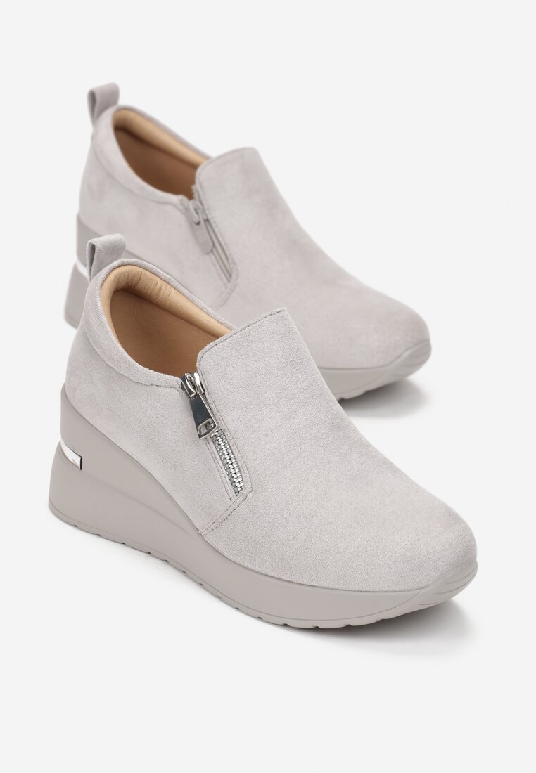 Szare Sneakersy na Koturnie ze Skórzaną Wkładką i Suwakiem Eurneid
