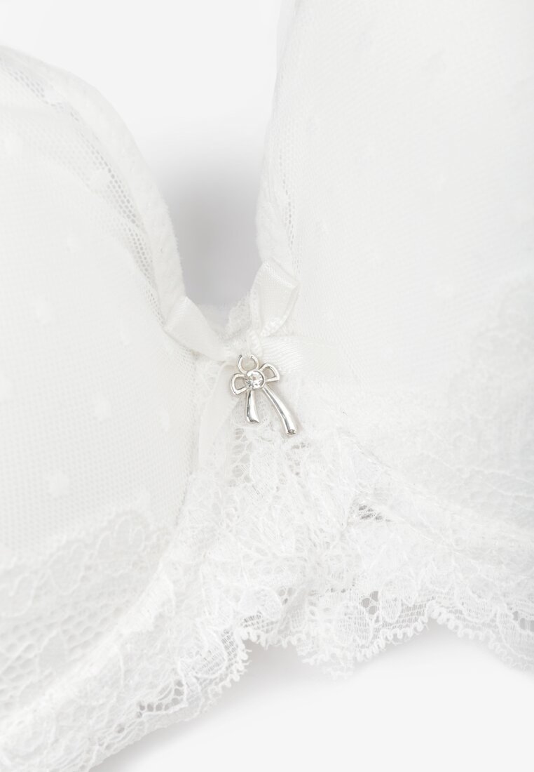 Kremowy Koronkowy Biustonosz Push-Up z Ozdobną Siateczką Idotria