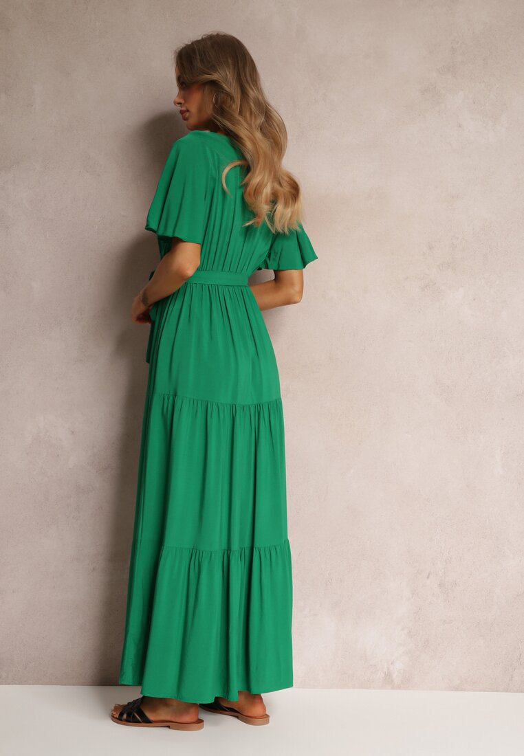Zielona Rozkloszowana Sukienka z Wiązanym Paskiem Adotine