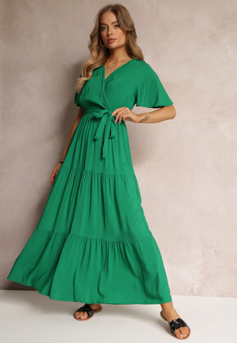 Zielona Rozkloszowana Sukienka z Wiązanym Paskiem Adotine