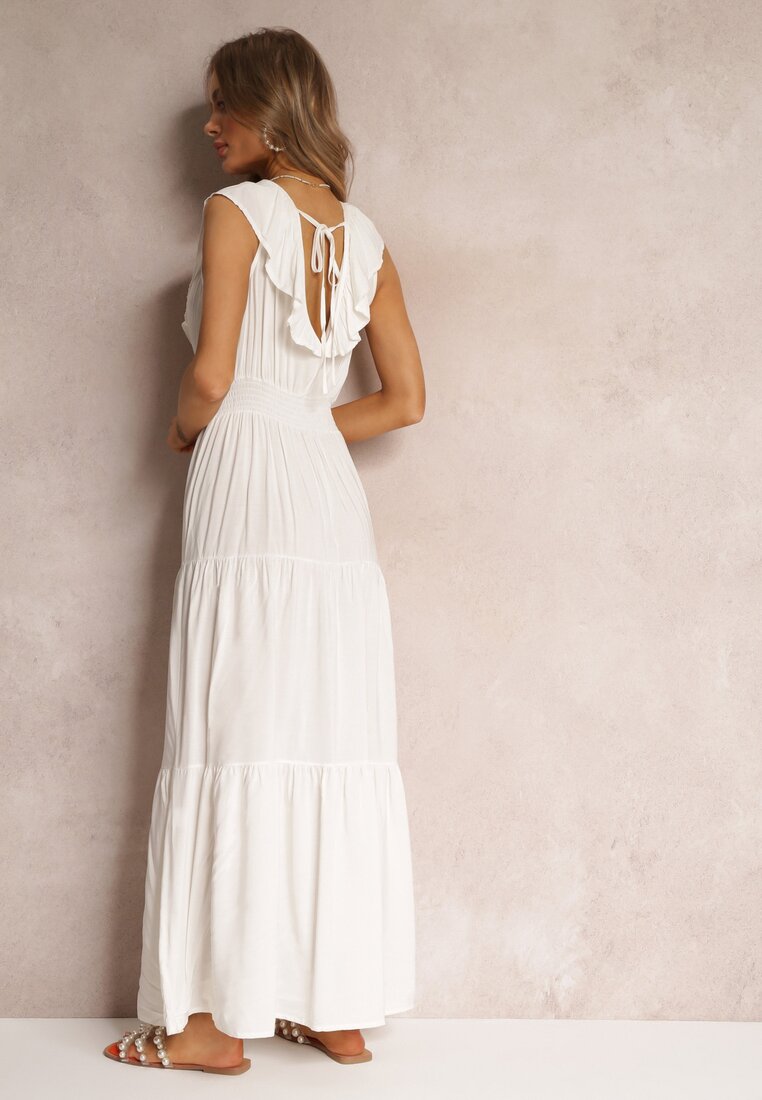 Biała Rozkloszowana Sukienka Maxi z Gumką w Talii i Falbanką Laylani