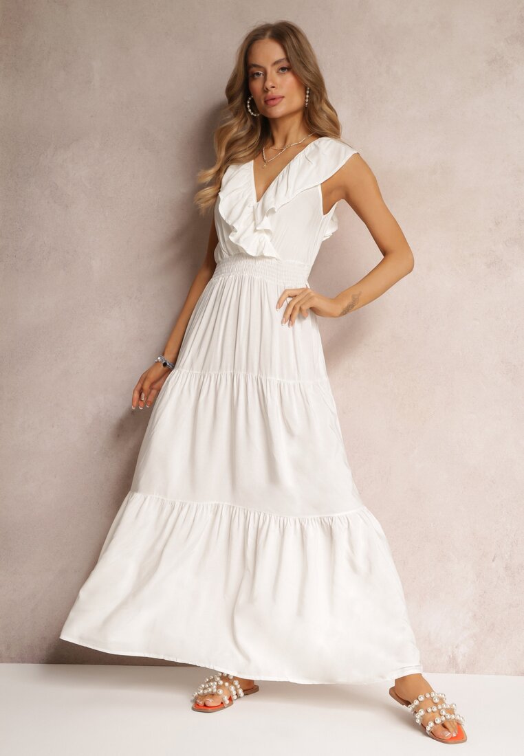 Biała Rozkloszowana Sukienka Maxi z Gumką w Talii i Falbanką Laylani