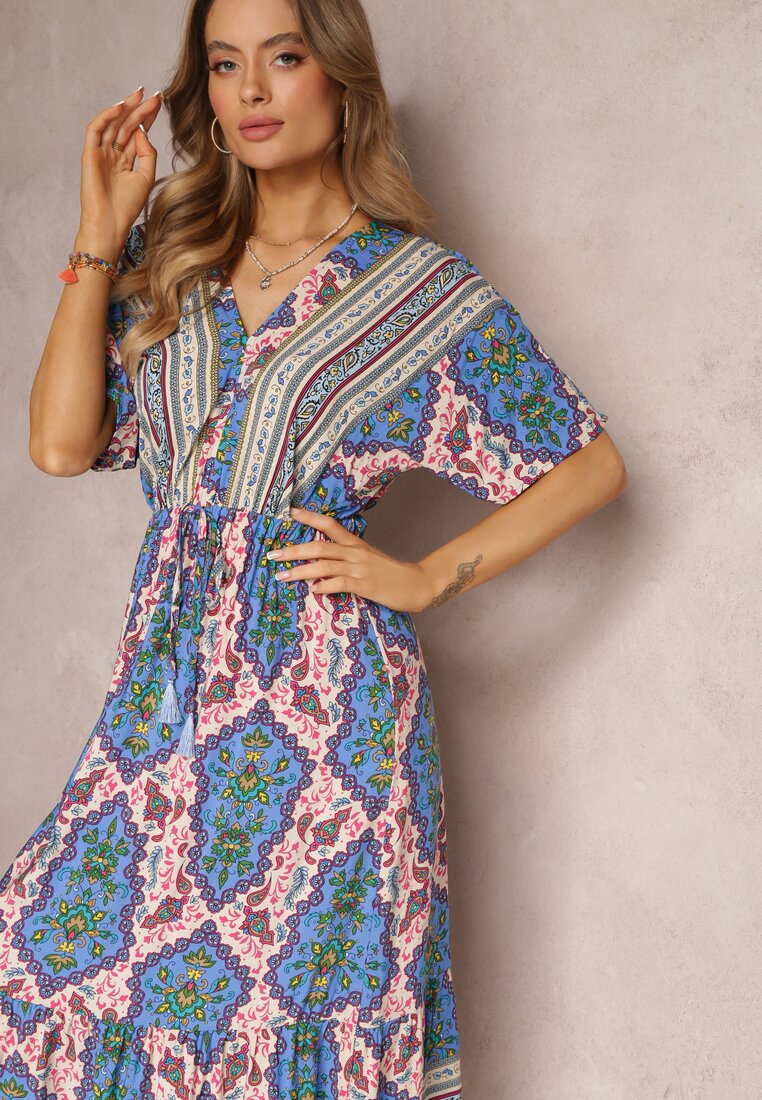 Rochie maxi bleumarin din viscoză cu elastic în talie și volan Cophine