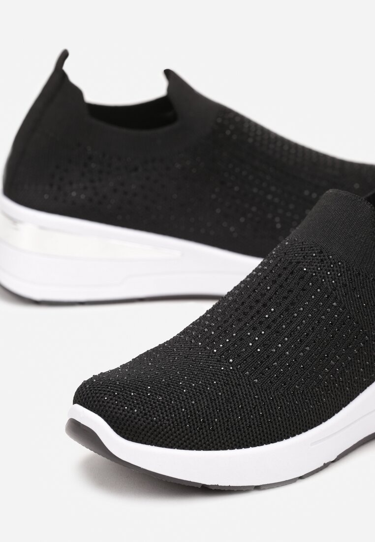 Czarne Wsuwane Sneakersy na Niskim Koturnie Zdobione Cyrkoniami Taslah