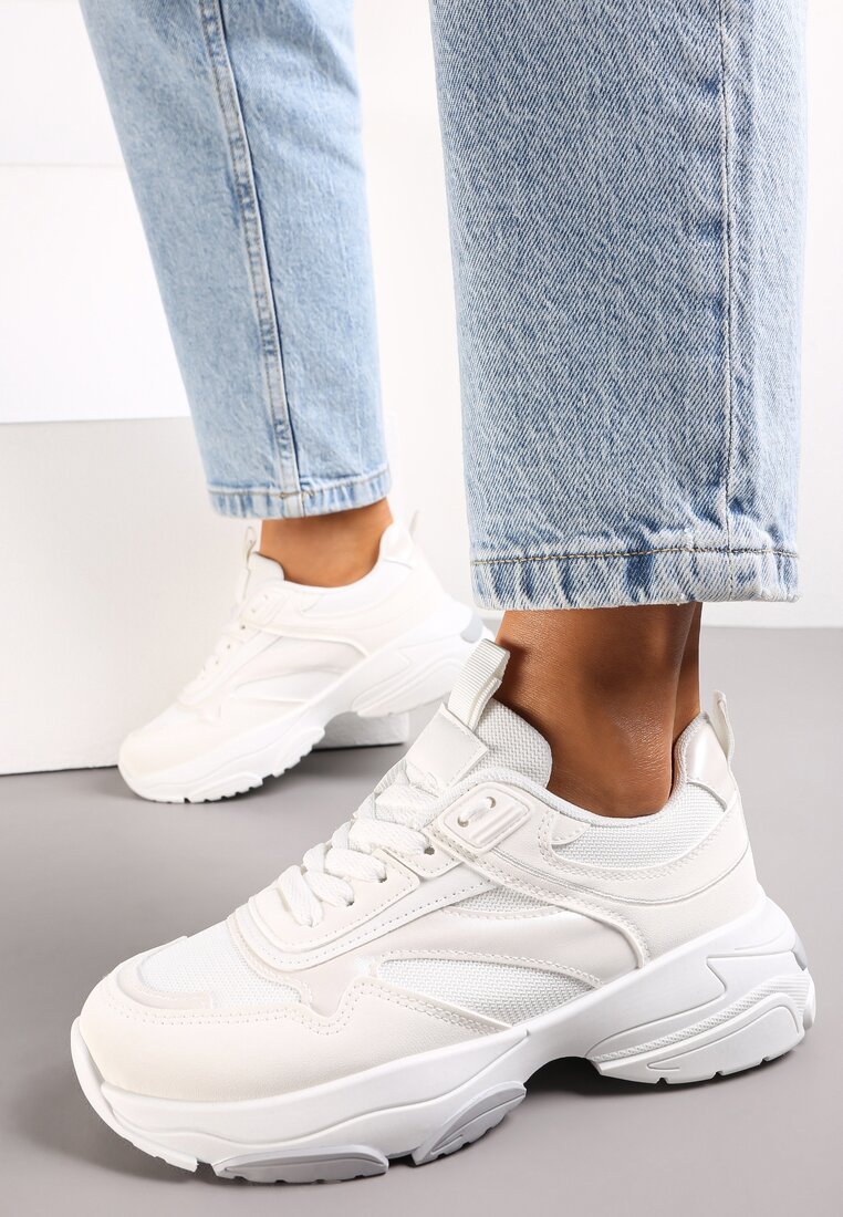 Białe Sneakersy z Metalicznymi Wstawkami na Grubej Podeszwie Tahara