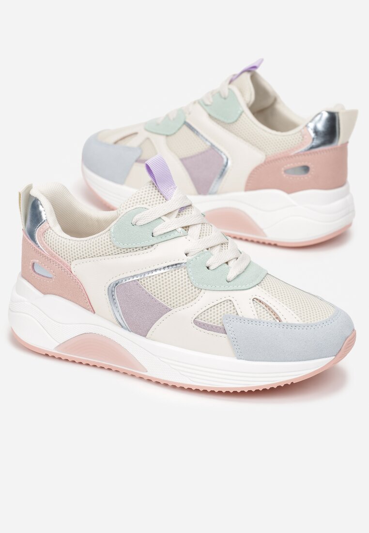 Biało-Różowe Sneakersy na Grubej Podeszwie z Ozdobnymi Wstawkami Faidneesi