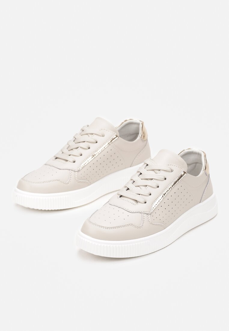 Beżowo-Złote Skórzane Sneakersy z Cholewką przed Kostkę z Drobną Perforacją Adaphne