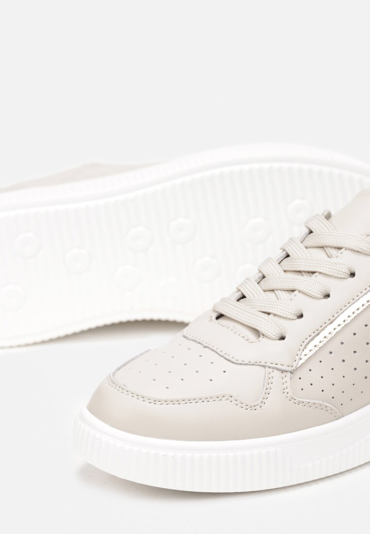 Beżowo-Złote Skórzane Sneakersy z Cholewką przed Kostkę z Drobną Perforacją Adaphne
