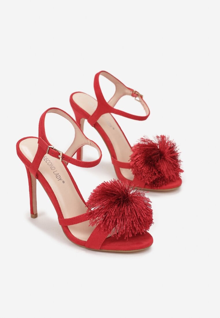 Czerwone Eleganckie Sandały na Wysokiej Szpilce z Puchatym Pomponem Phemara