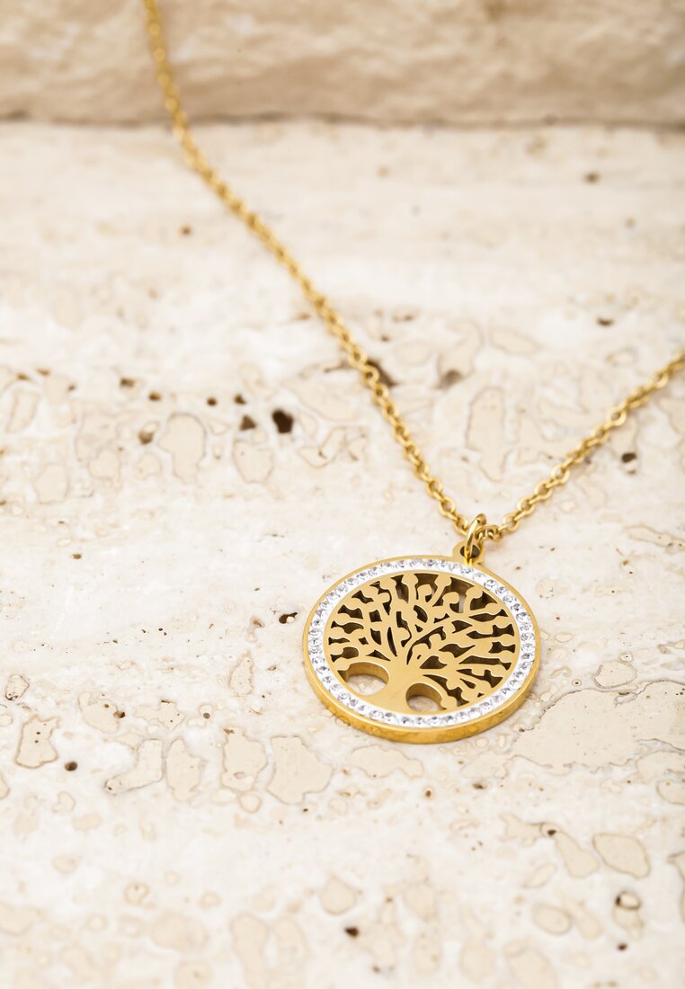Złoty Cienki Naszyjnik z Okrągłą Zawieszką z Symbolem Drzewa Selemara